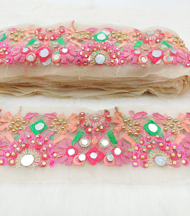 Gold Sheer Tissue Fabric Trim Floral Embroidery, Mirror Trim Sari Border Trim by 9 Yards Decorative Mirrored Border